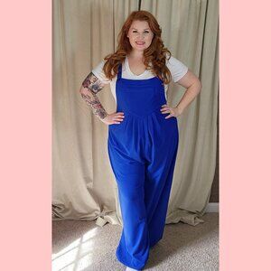 Blue Waffle Knit Casual Overalls